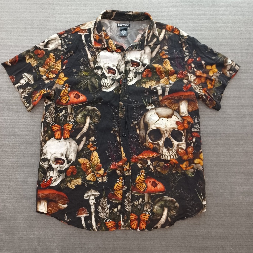 Hot Topic Skull Butterflies Shirt Mens XL Black Button Up Short Sleeve Tropical